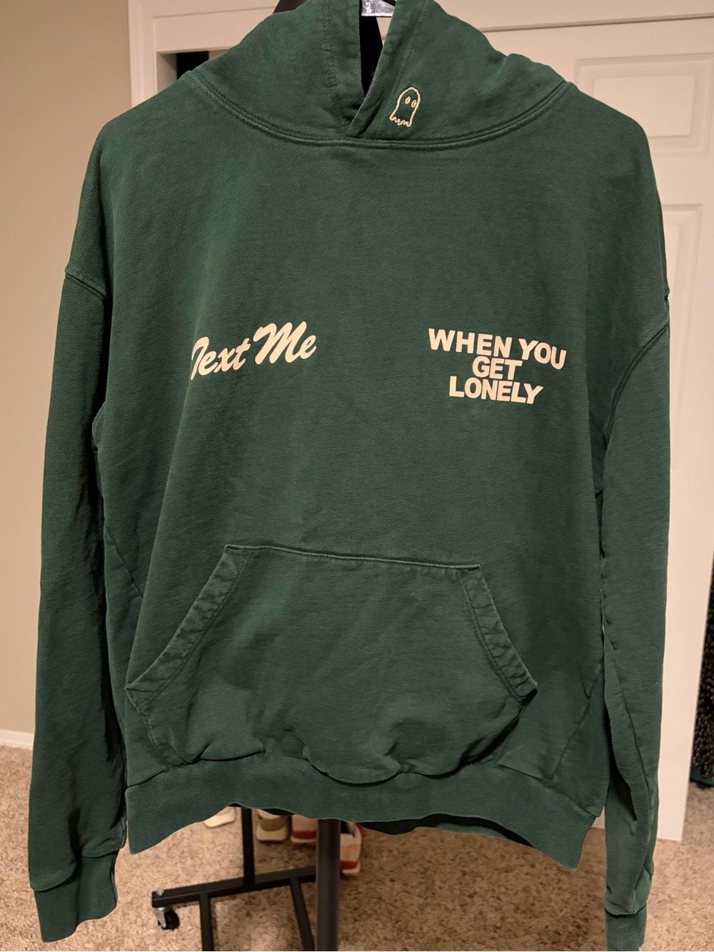 LONELY GHOST Medium Forest Green Crewneck Hoodie with Cream Graphics